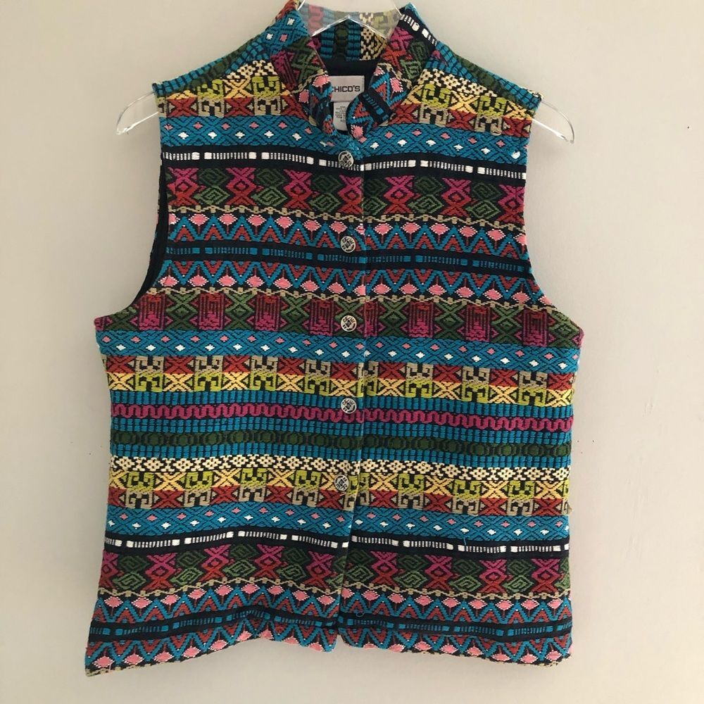 Chicos Vest Southwest Boho Embroidered Boho M